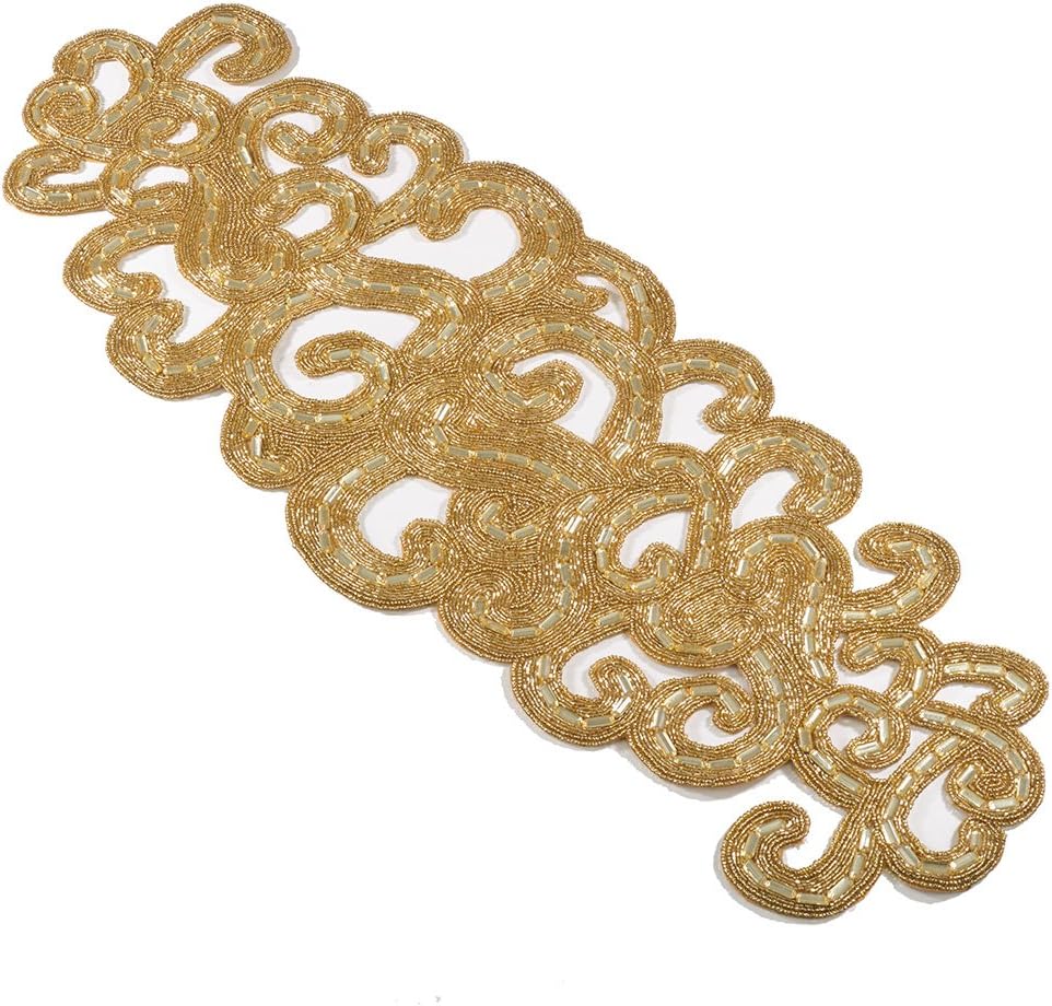 Silver Tone Holiday Elegant Glass Beaded Design Table Runner, 13" X 35" Rectangular