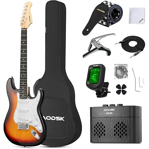 AODSK Electric Guitar with Amp Beginner Kit 39 Inch Solid Body Full Size,All Accessories,Digital Tuner,Six Strings,Four Picks,Tremolo Bar,Strap,Gig Bag,Starter kit (Sunburst-SSS)