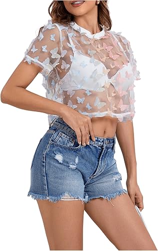 Vista 5 de SweatyRocks Blusa corta de malla transparente para mujer, diseño floral y de manga corta