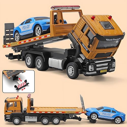 Miniatura 4 de Camión de remolque para niños, cabina de metal con luces y sonidos, cama plana con coche de juguete, edades 3-7