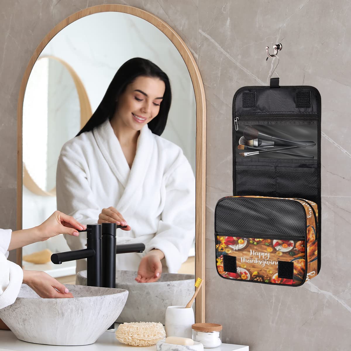 Wesołych Świąt Dziękczynienia Podróżna Kosmetyczka Święto Dziękczynienia Mycie Torebka Unisex Wiszące przybory toaletowe Kosmetyczka Organizer do makijażu, wielobarwny, Jeden rozmiar