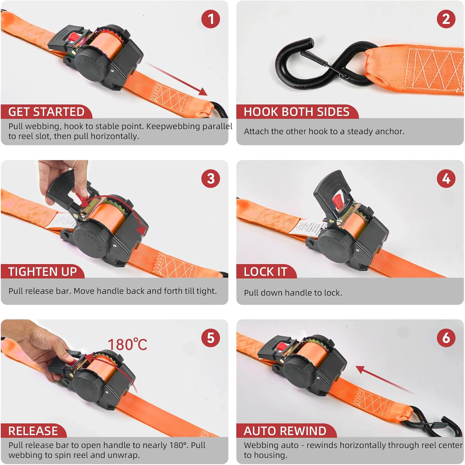 Retractable Damped Ratchet Tie-Down Straps 1763 lbs, 1in × 10ft Self-Retracting Ratchet Straps with Dampers, Heavy Duty S-Hooks, Auto Retract Strap System for Cargo, Trucks, Trailers, 2 Pack, Orange - Image 5