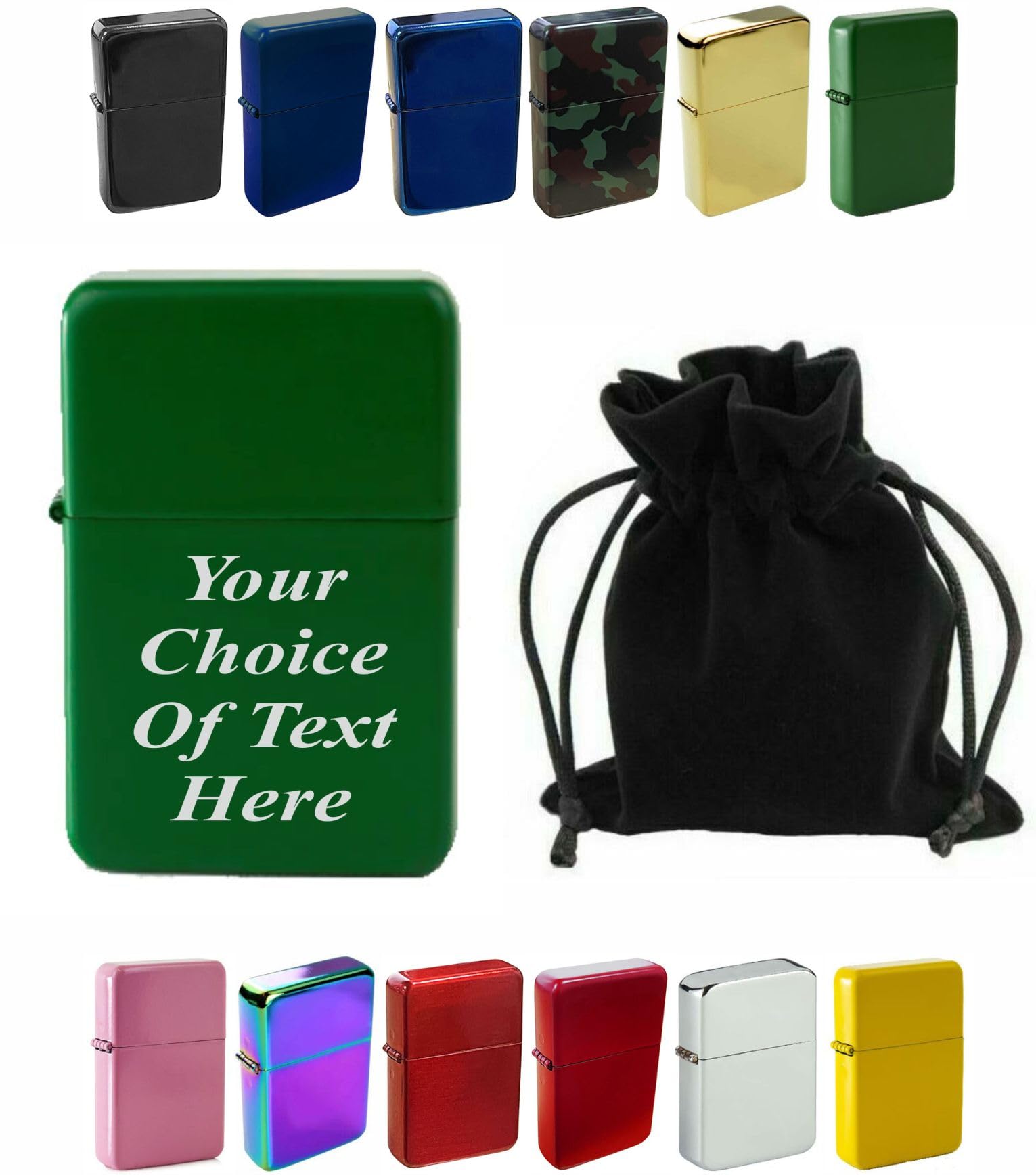 Personalised Engraved Lighter for Birthday, Fathers Day, Anniversary, Choice of Colours - With Luxury Gift Pouch Packaging (Green)
