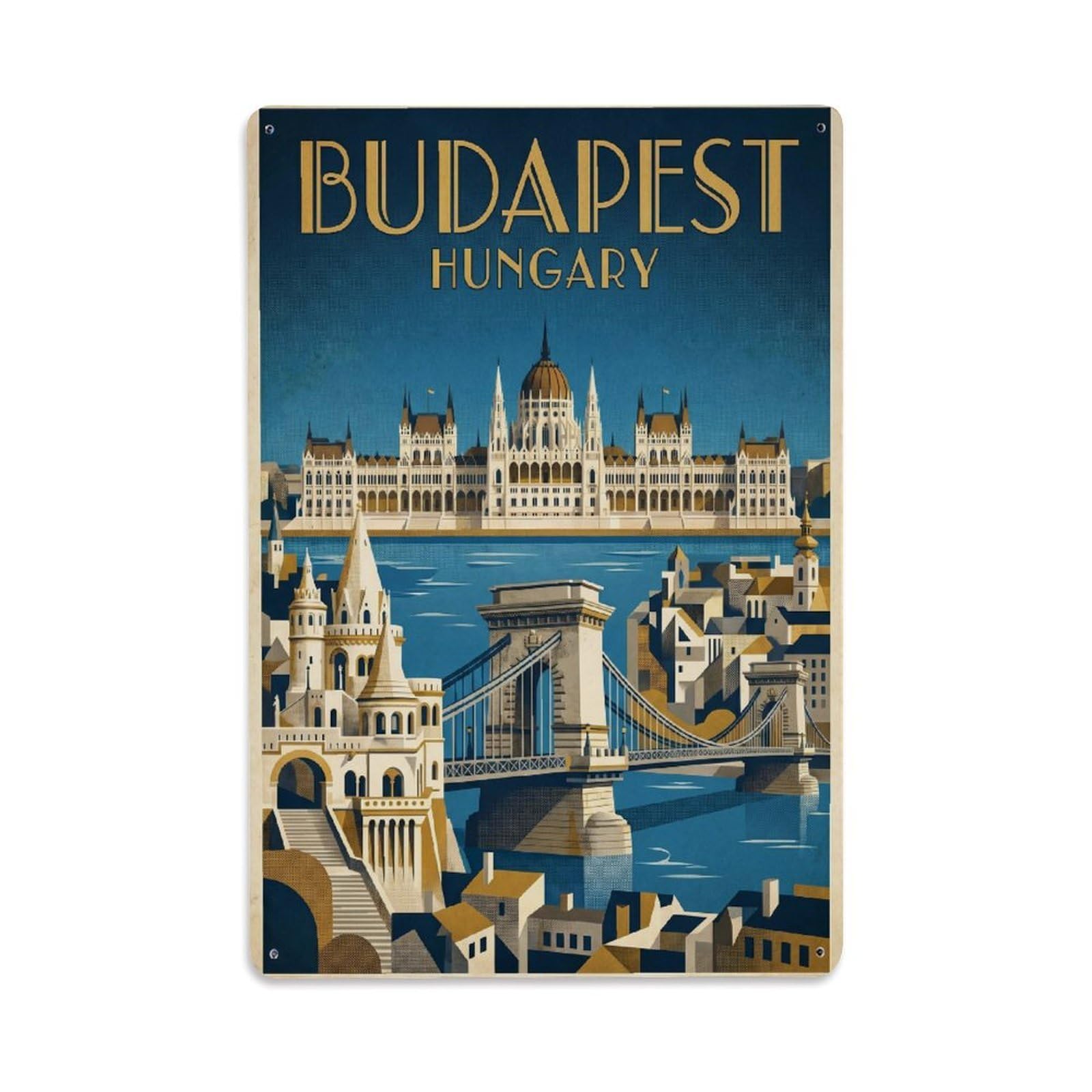 Hungary Budapest Vintage Travel Metal Tin Sign Plaque Wall Decor for Cafe, Club Bar, Office, Garden Metal Poster 8x12Inch