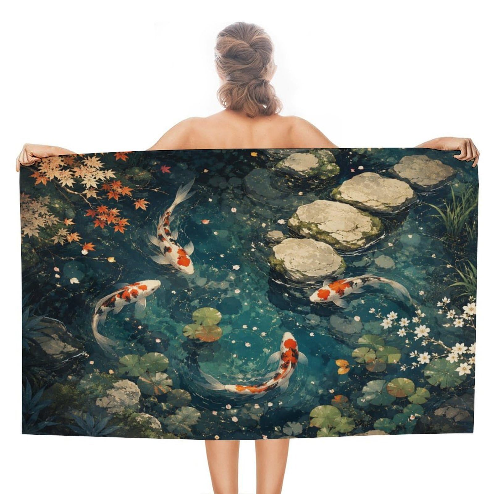Anceky Koi Fish Pond Garden Oversized Beach Towel Quick Dry Sand Free Microfiber Travel Towel Lightweight Multi Purpose Beach Blanket Pool Gym Bath Towel 51x31 in