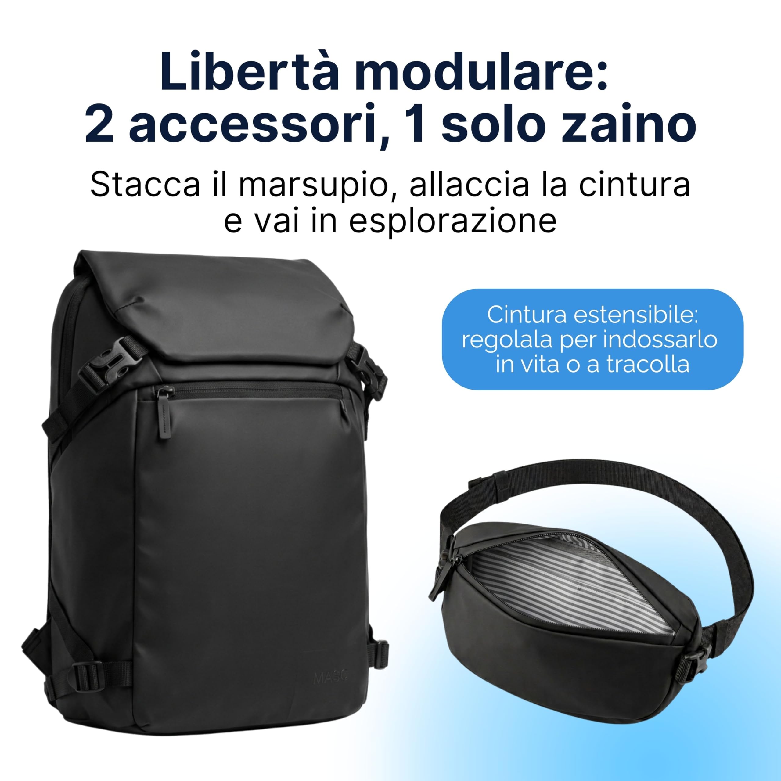 MASC Zaino Grande da Viaggio perfetto per Trekking, Campeggio e Montagna. Marsupio Rimovibile integrato, ideale anche come Zaino da Lavoro porta PC