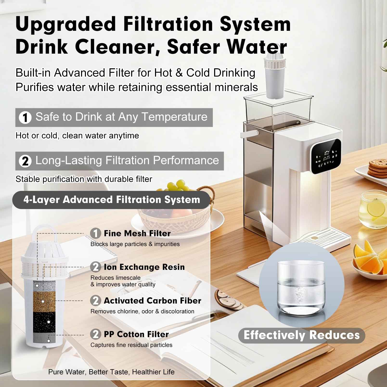 Dispensador de agua caliente, multifuncional de 3 L, 12 niveles de temperatura, 8 cantidades de agua, pantalla táctil digital, bloqueo para niños, depósito de agua extraíble, cartuchos de filtro y