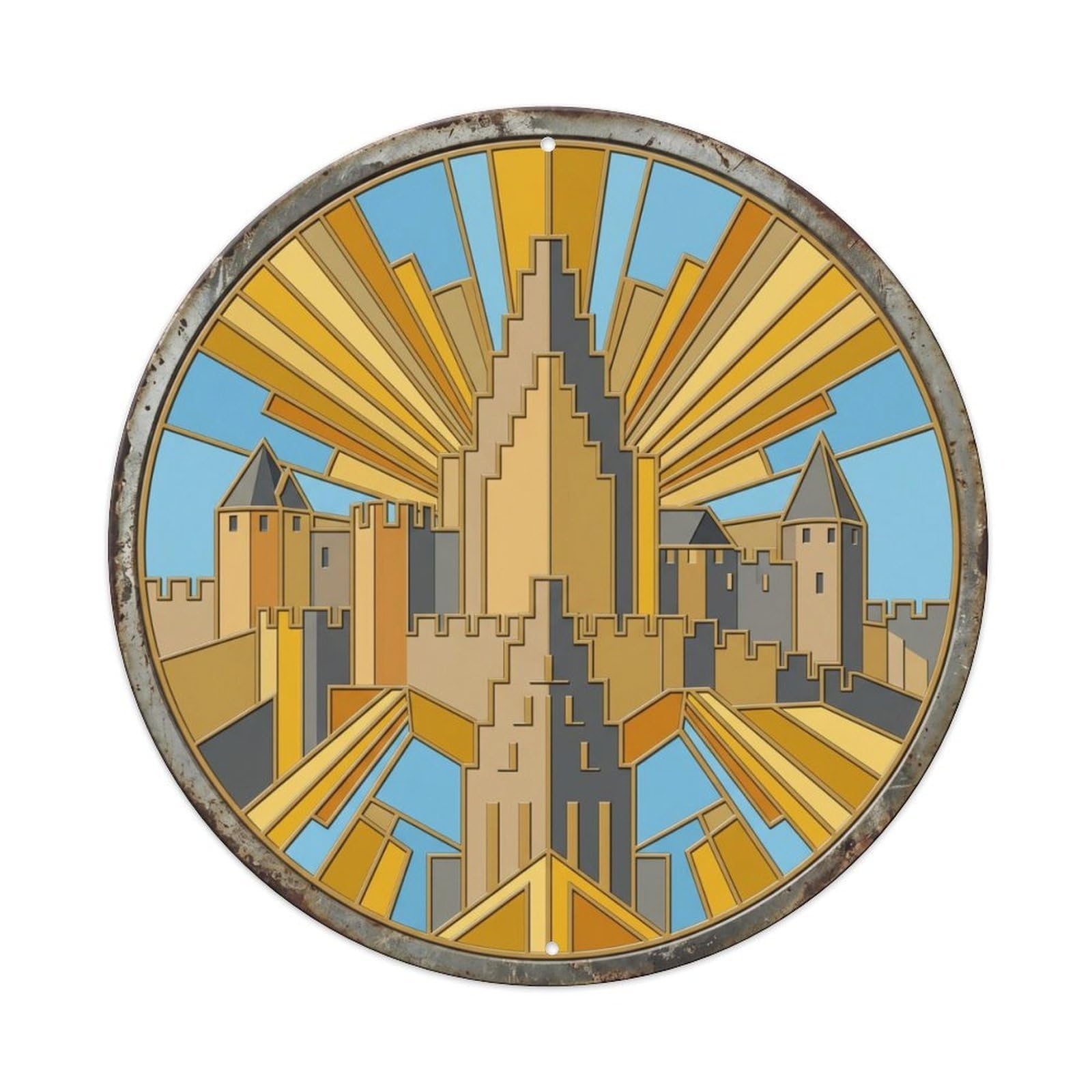 Carcassonne Radiant Fortress Travel Metal Tin Sign Plaque Wall Decor for Cafe, Club Bar, Office, Home Garden Round Metal Poster 8x8Inch