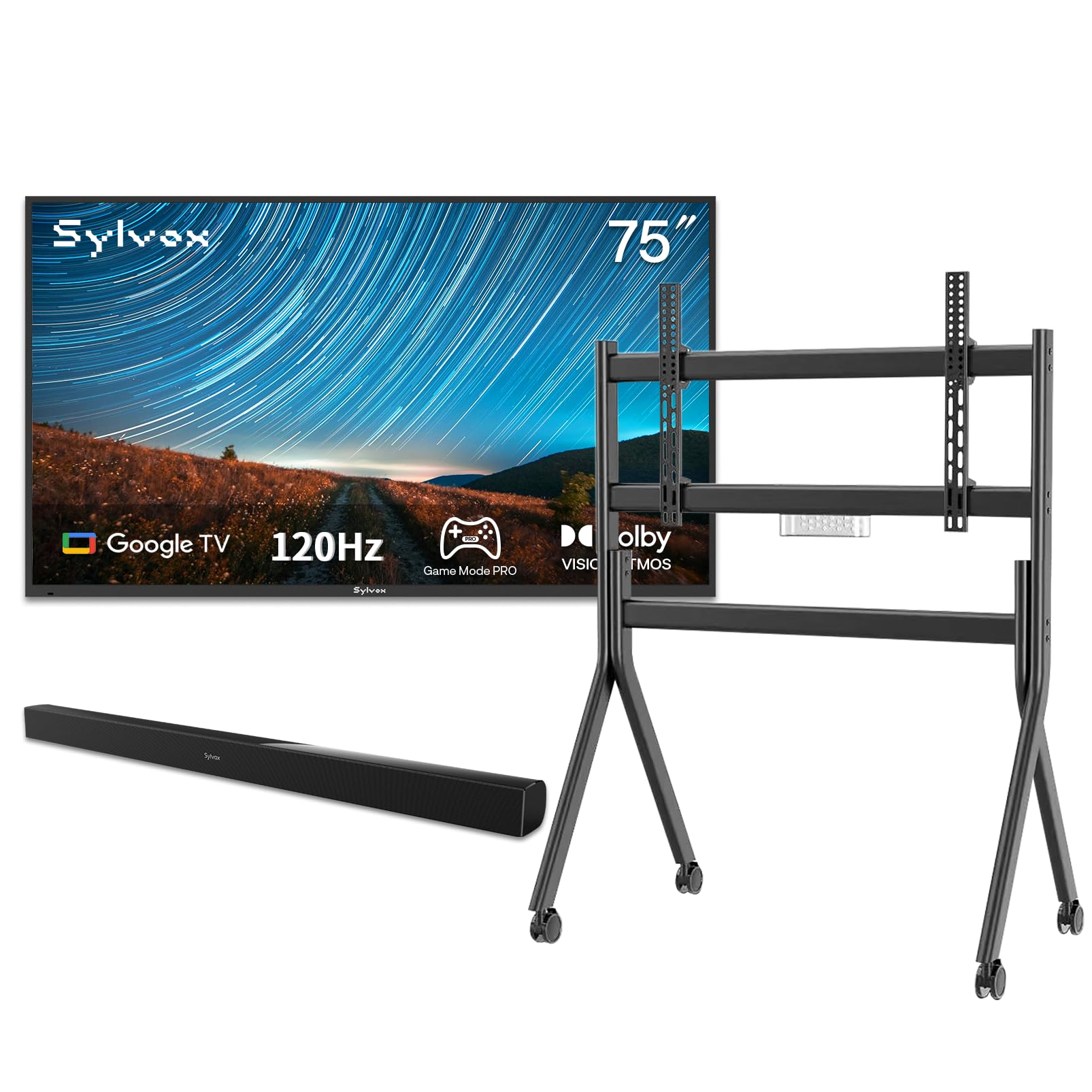 SYLVOX Outdoor TV with Rolling Stand Soundbar 75 inch 120Hz 4K Smart TVs Weatherproof IP55 Waterproof Compatible with