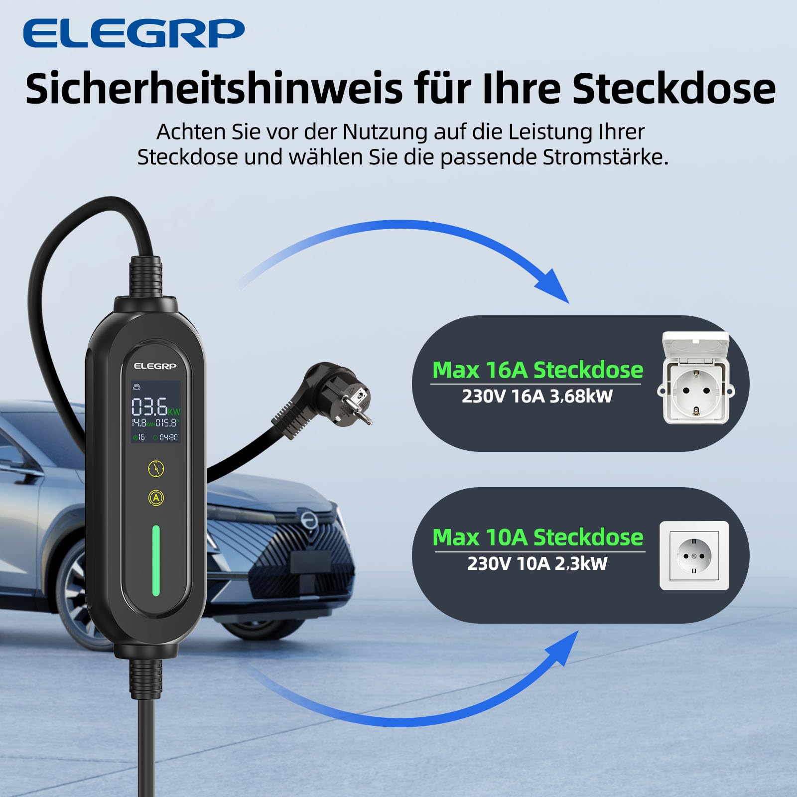 ELEGRP Typ 2 Ladekabel Schuko 7m, 3,68kW (1-phasig, 6-16A einstellbar) – Mobile Ladestation mit verzögertem Ladestart, IP66 wasserdicht, Plug & Play, kompatibel mit EVs & PHEVs (IEC 62196-2)