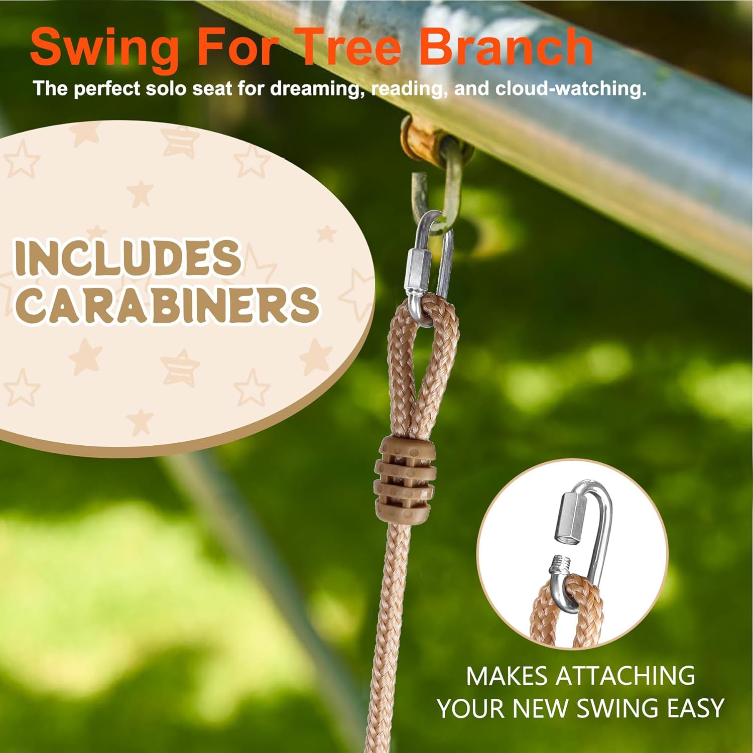Tree Swing Seat for Adults & Kids, 500LB Capacity - Outdoor & Indoor Hanging Chair for Tree, Porch, Playset - Includes 1 Bamboo Swing + Adjustable Ropes, No Assembly Needed