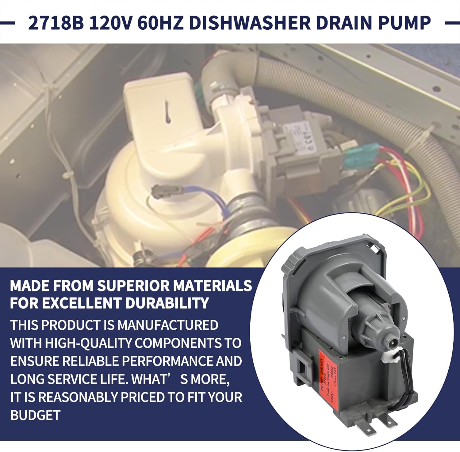 Dishwasher Drain Pump 2718B Compatible with GE WG04F10194 for Midea TEKA 11001011000221 Washing Machine Drain Pump Motor Assembly 120V 60Hz 0.7A Replace MDT24H3AST