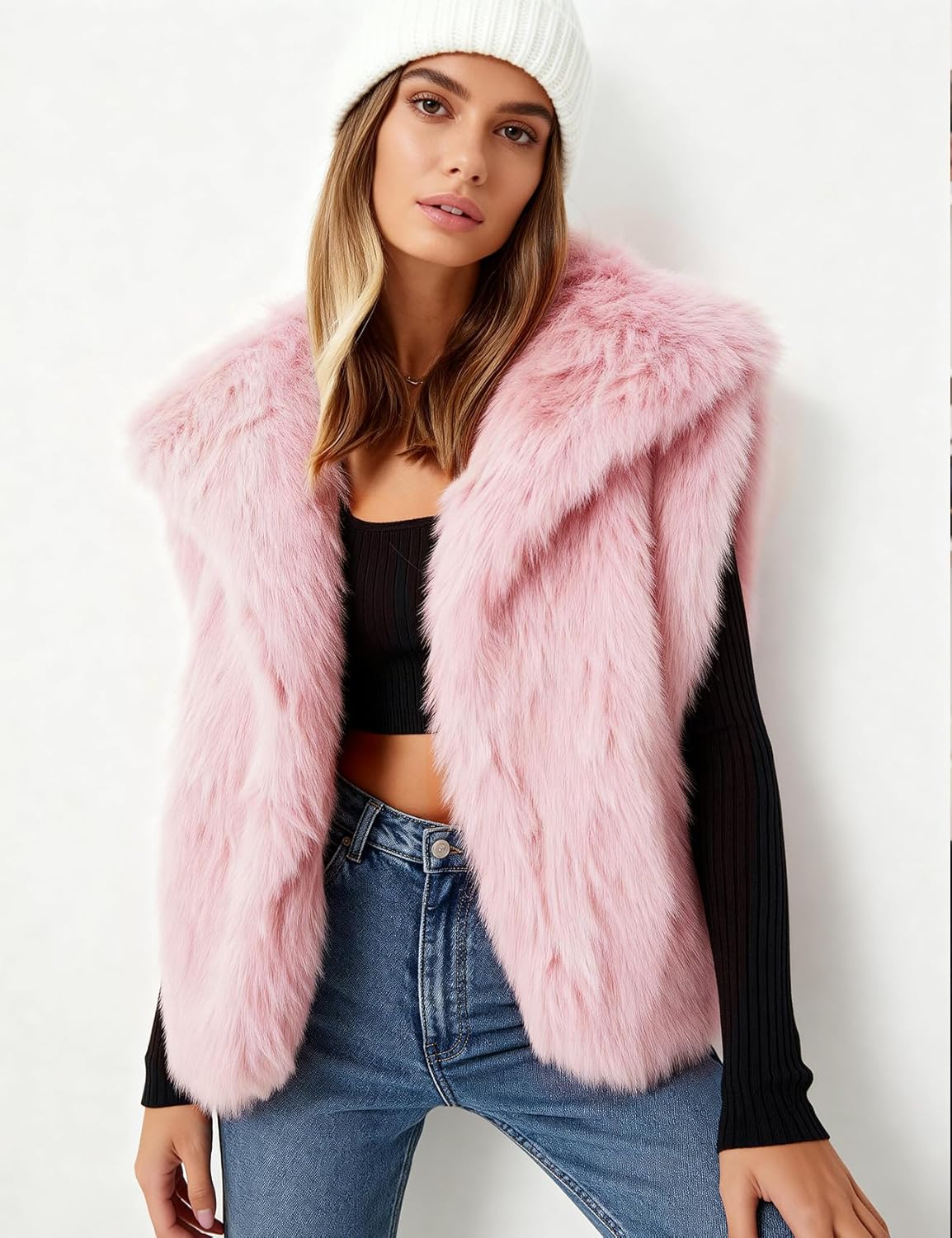 Flygo Womens Faux Fur Vest Fuzzy Lapel Collar Sleeveless Jackets Winter Warm Fluffy Open Front Shaggy Outerwear Vests - Image 3
