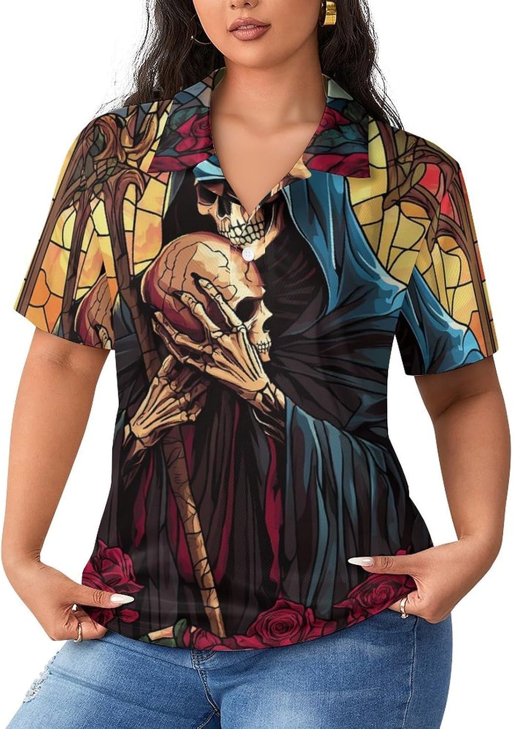 Grim Reaper with A Skull Women's Golf Polo Shirts Short Sleeve Quick Dry Tennis Tops Casual Work Blouses