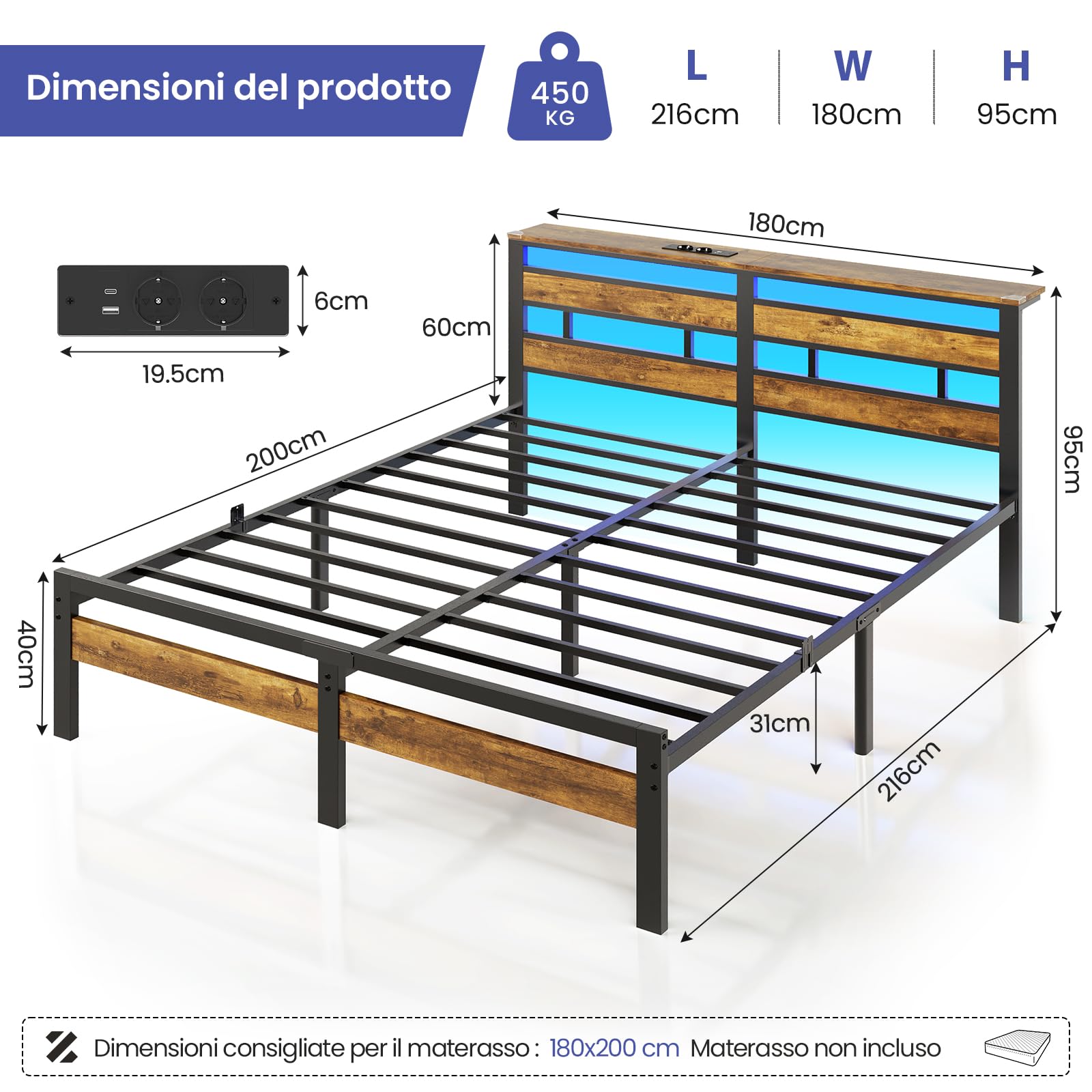 Brinlawb Letto 180x200 con base a doghe in metallo, struttura letto matrimoniale 180x200cm con illuminazione a LED e stazione di ricarica (2 prese CA, 1 porta USB e 1 porta Type-C)