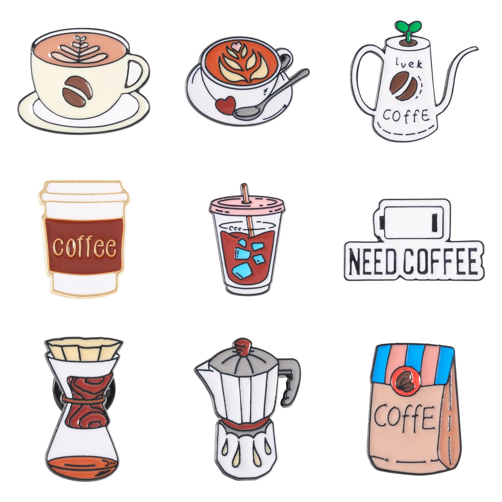 9Pcs Coffee Theme Enamel Pins Coffee Mug Pot Drink Cup Brooch Badges Cute Drink Lapel Badges for Backpacks Bags Hats Clothing Decorative Supplies