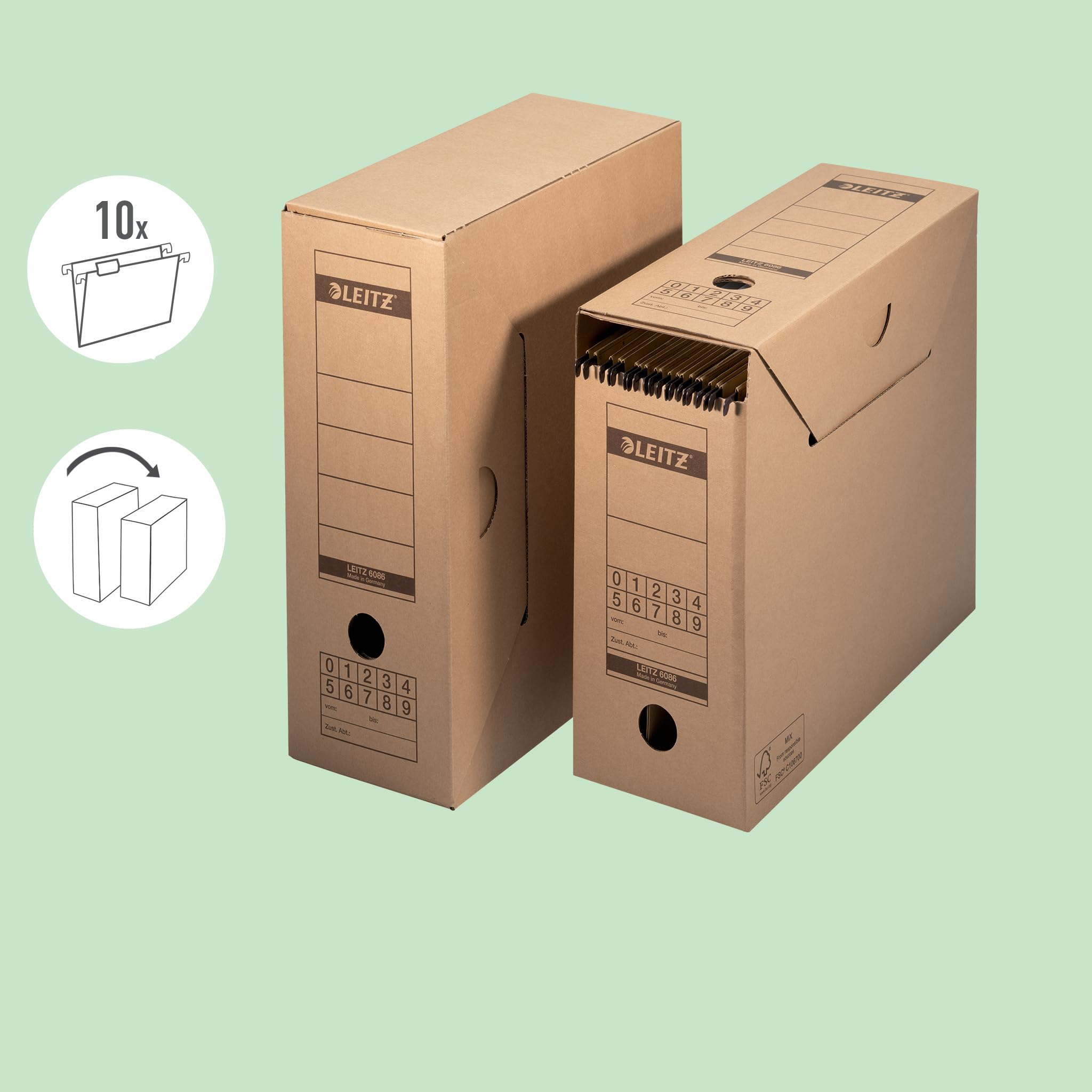 Leitz Premium Archiv-Schachtel mit Verschlusslasche, 120 mm Rückenbreite, Aktenkarton A4, Aufbewahrungsboxen für 15 Hängemappen, 100 % recycelbar, Faltbare Kartonverpackung, 10 Stück, Braun, 60860000