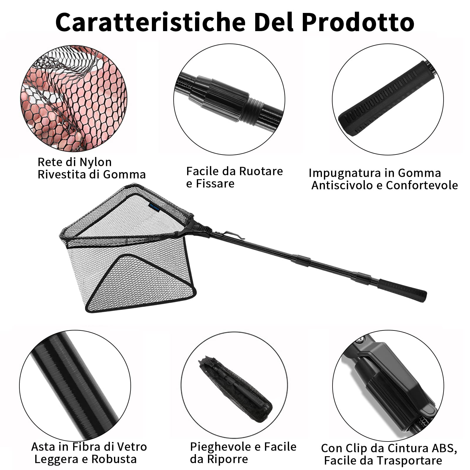 KOMCLUB Retino da Pesca Pieghevole Guadino Gommato Guadino Pesca Telescopico Triangolo Rete Pesca con Manico Antiscivolo in Gomma