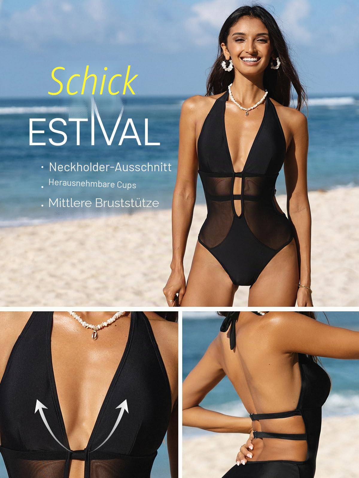 CUPSHE Badeanzug Damen Tiefer V Ausschnitt Neckholder Netz Riemchen