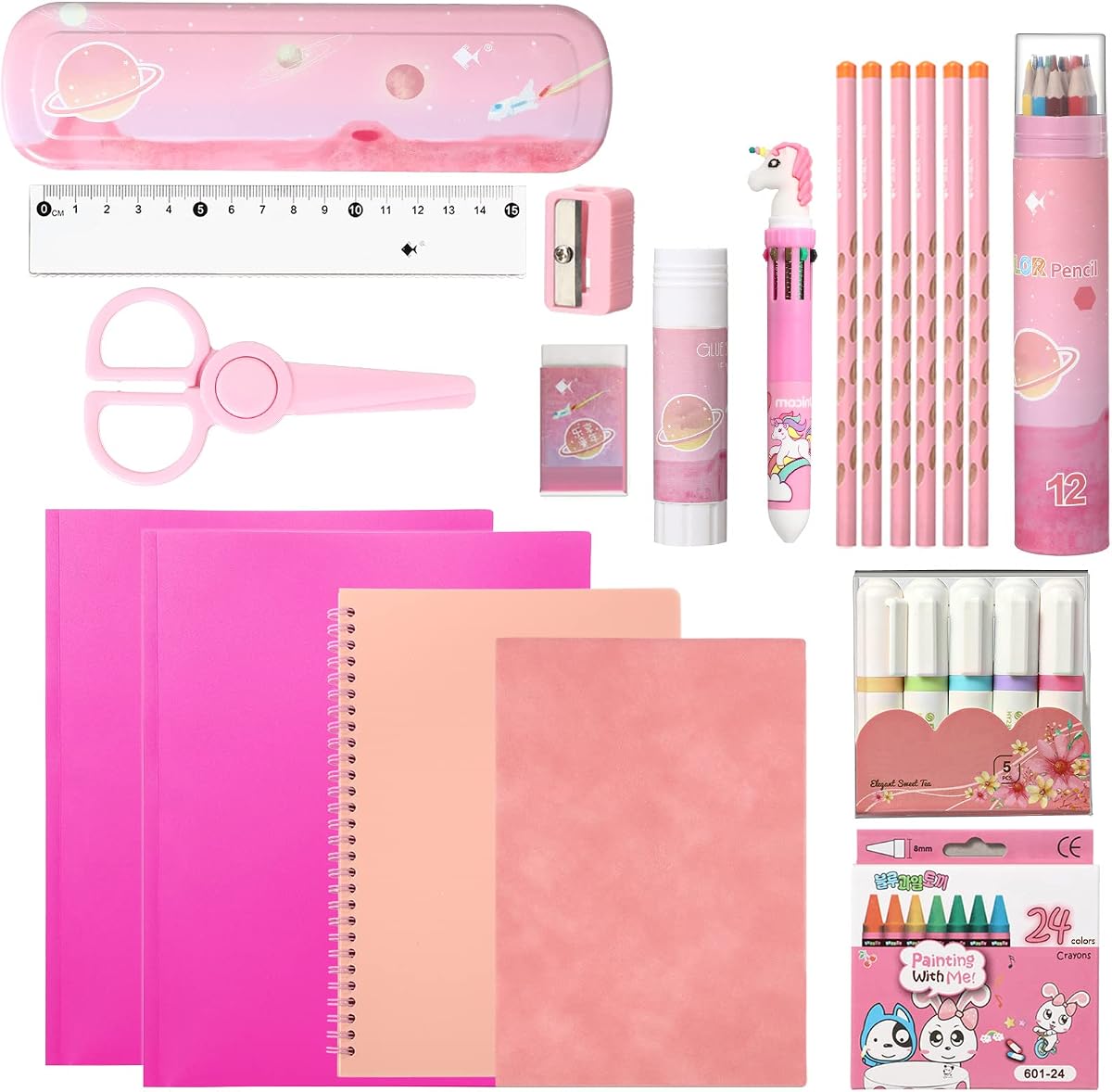 Sabary 58 Pcs Back to School Supply Bundle Kit for Girls Grades K-12, Pink | Essentials Box of Supplies Bundle, School Classroom Essentials Include Folders Notebook Pencil Pen Ruler Scissor and More