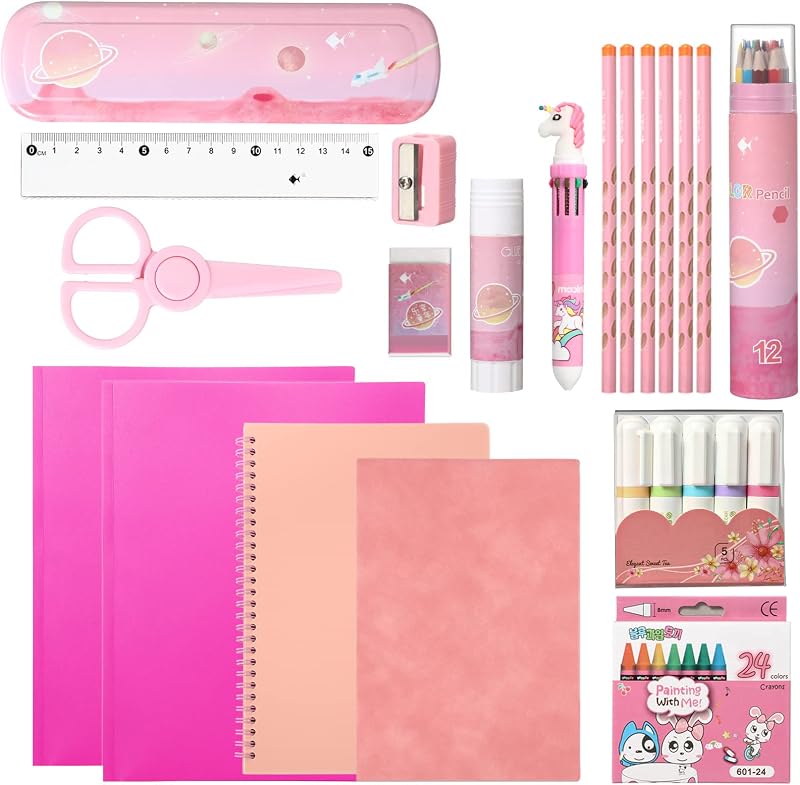 Sabary 58 Pcs Back to School Supply Bundle Kit for Girls Grades K-12, Pink | Essentials Box of Supplies Bundle, School Classroom Essentials Include Folders Notebook Pencil Pen Ruler Scissor and More