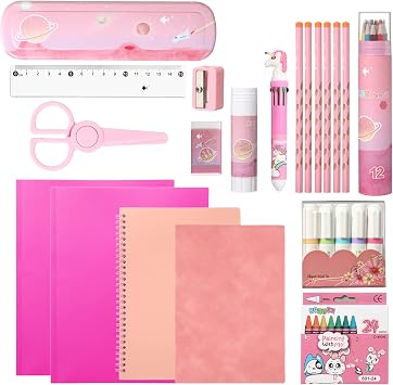 Sabary 58 Pcs Back to School Supply Bundle Kit for Girls Grades K-12, Pink | Essentials Box of Supplies Bundle, School Classroom Essentials Include Folders Notebook Pencil Pen Ruler Scissor and More