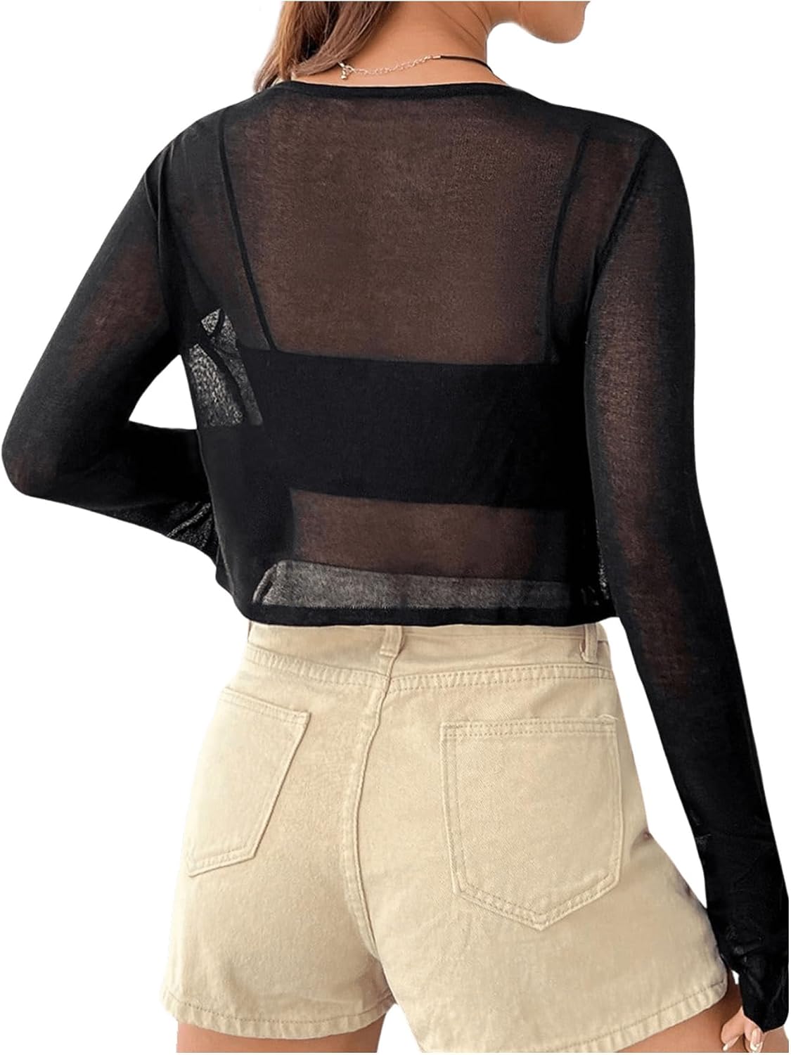 SHENHE Women's Mesh Sheer V Neck Tie Front Long Sleeve Solid Crop Cardigan - Image 2