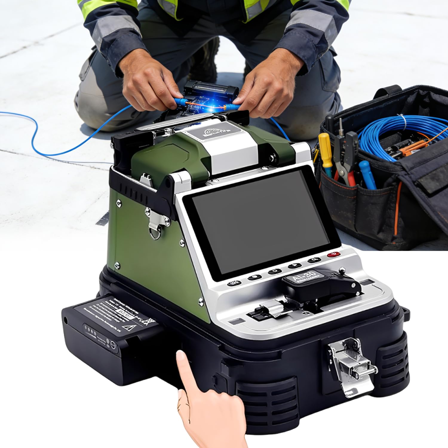 Fusionadora de fibra óptica FTTH 4ª generación alineación automática núcleo 6 motores con cortadora y OPM | para despliegue red telecom e industrial en campo|Pantalla HD 5",control APP Bluetooth Al-30