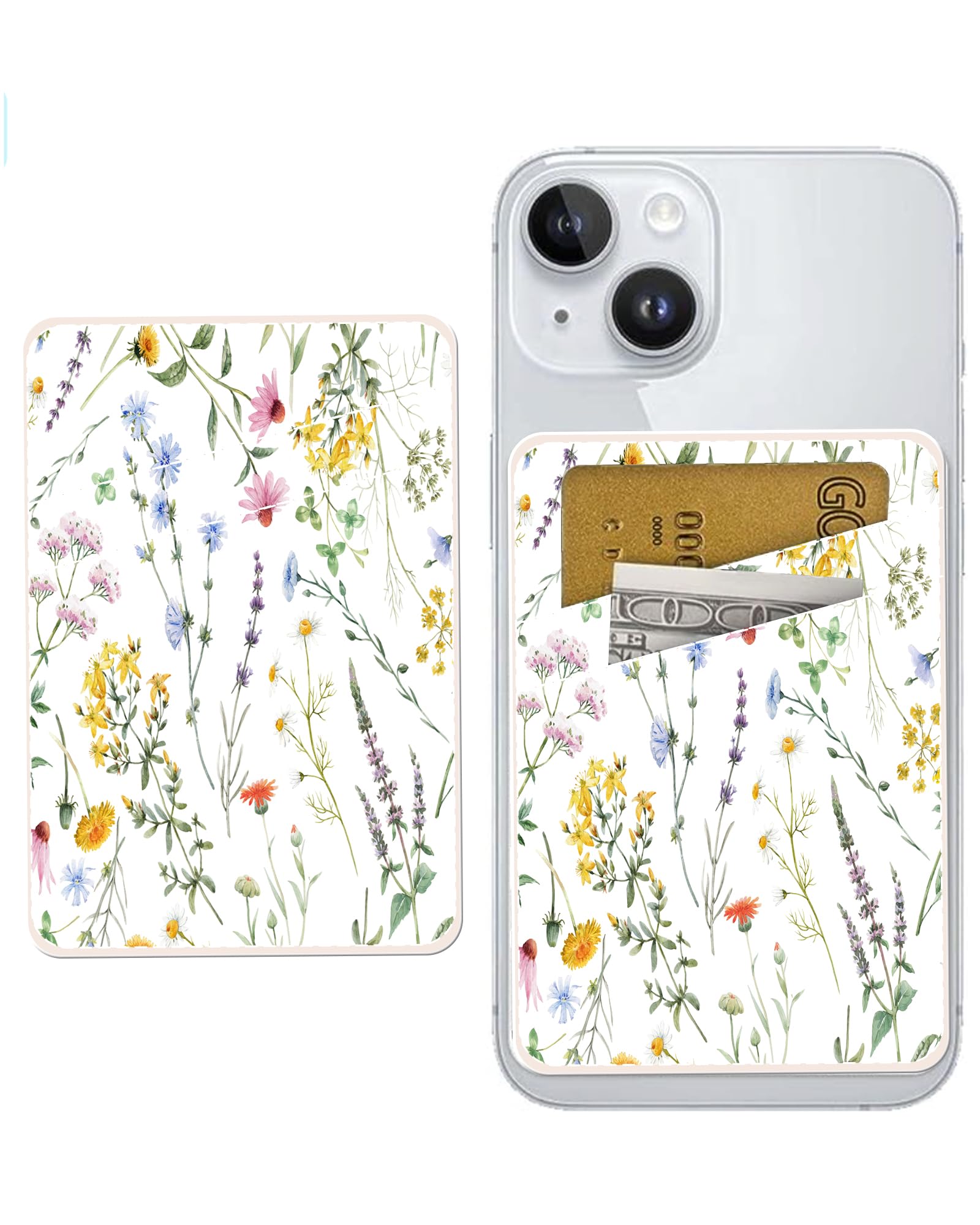 ADBOR Skórzane etui na karty na telefon, portfel na telefon z podwójnymi kieszeniami, uroczy uchwyt na karty boho kwiaty liście