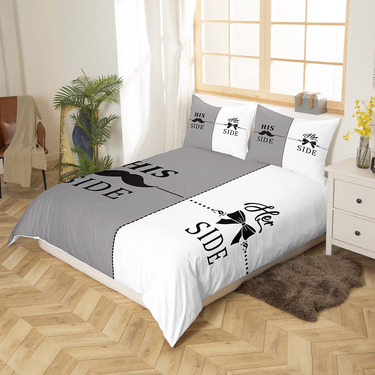 Couple Bedding Set Mr. Right Mrs. Right Comforter Cover Beard Bowknot Valentine'S Day Duvet Cover Set His Side Her Side Romanic Love Quilt Cover Bedroom Home Decor With 2 Pillow Cases King Size - Image 2
