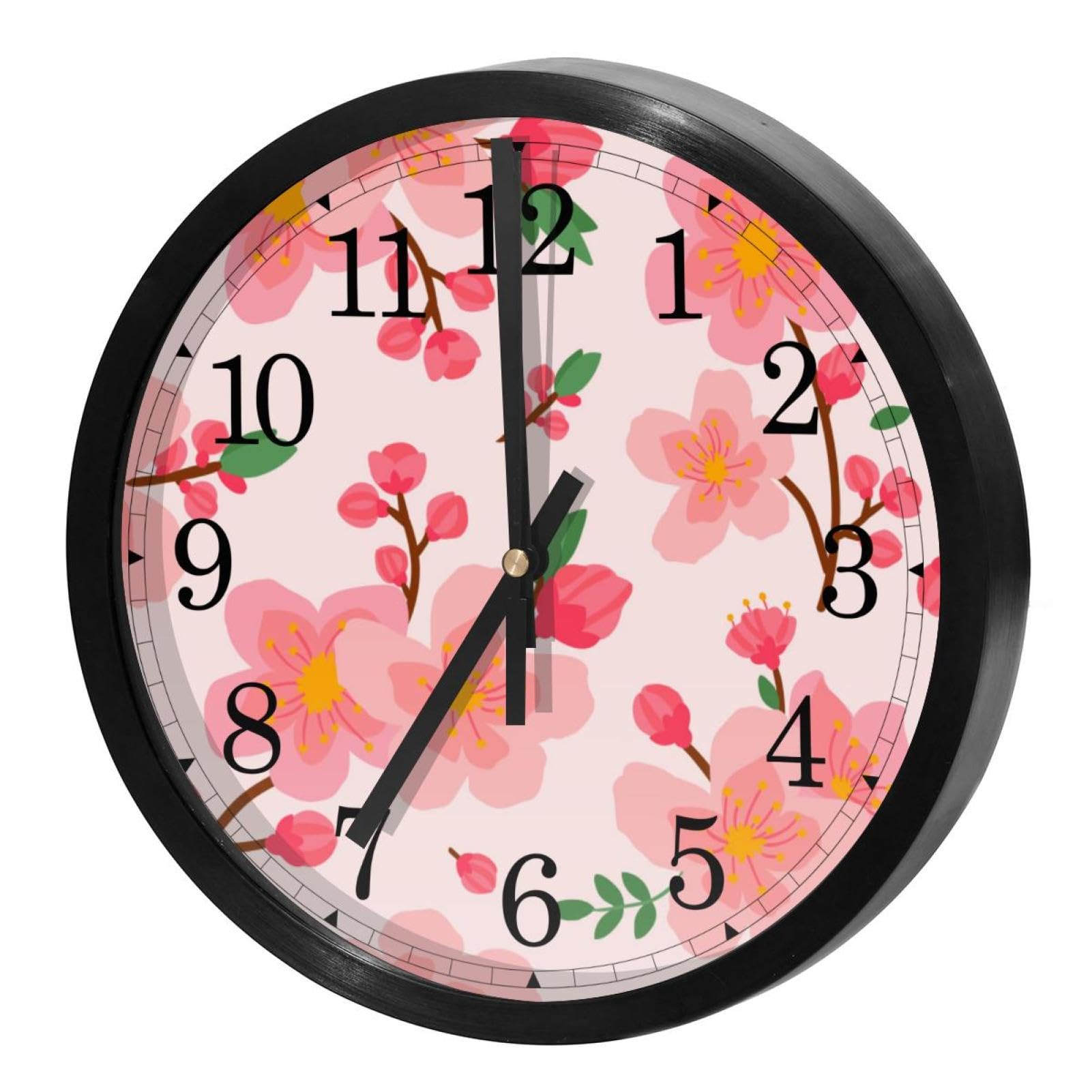 Horloge murale silencieuse à piles ronde rose fleur de prunier au design épuré