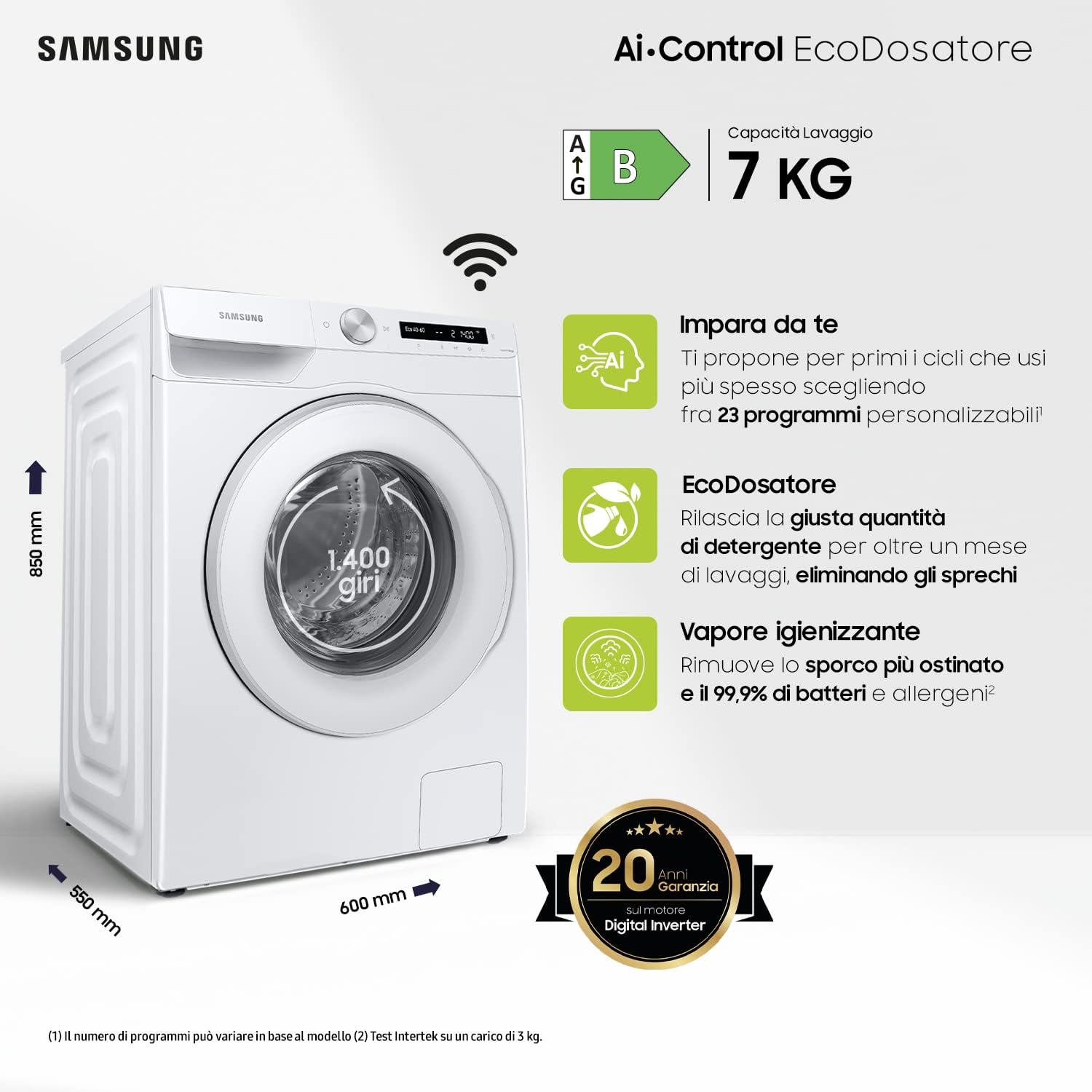 Samsung Lavatrice AI control Ecodosatore WW70T534DTW/S3, Libera installazione, 7 Kg, 1400 RPM, Classe B, WIFI, Vapore, Carica Frontale, 60l x 85h x 55p cm Samsung Lavatrice AI control Ecodosatore WW70T534DTW/S3, Libera installazione, 7 Kg, 1400 RPM, Classe B, WIFI, Vapore, Carica Frontale, 60l x 85h x 55p cm