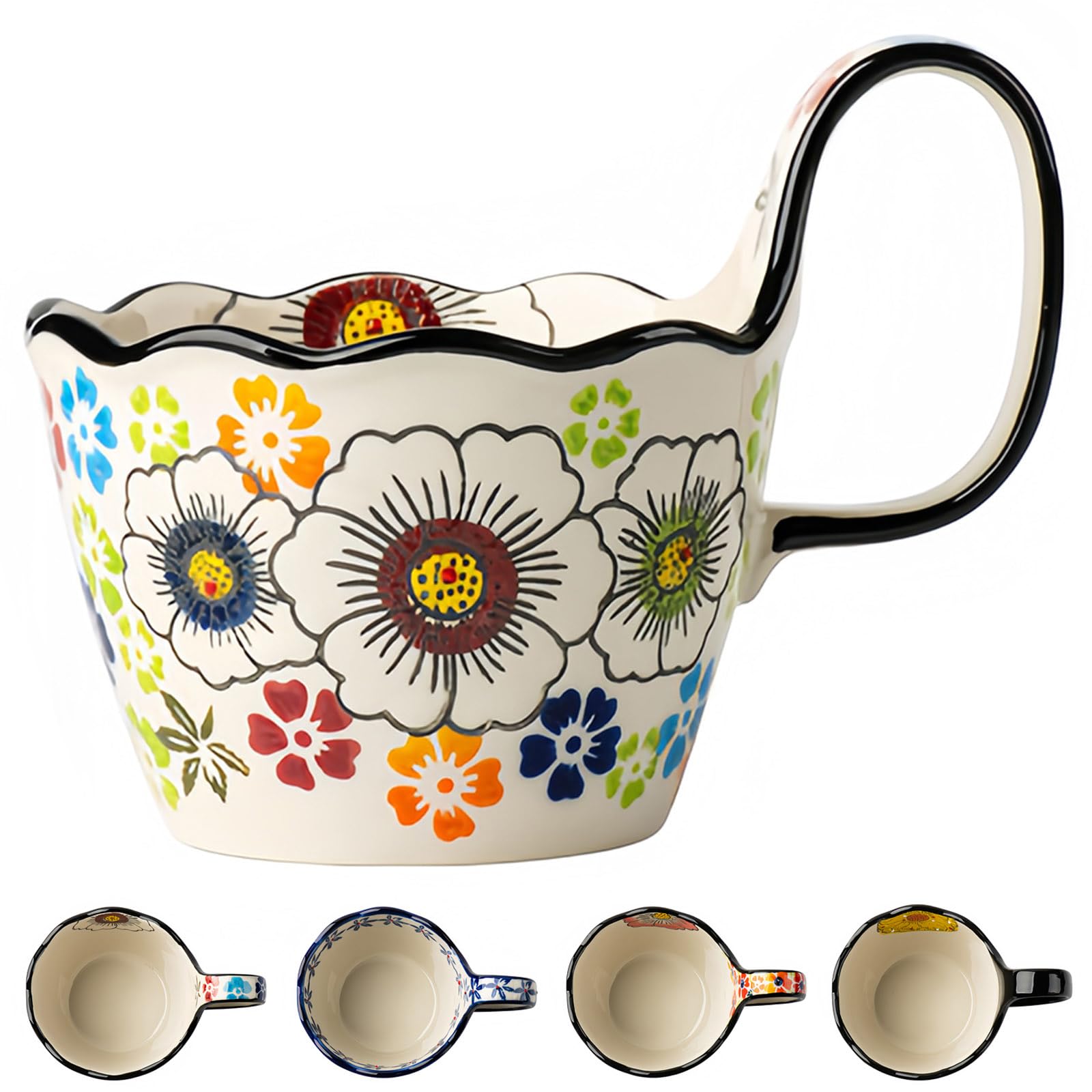Ciotola da zuppa in ceramica, ciotola per microonde, piccola tazza da 400 ml (Flower-D, 400 ml)