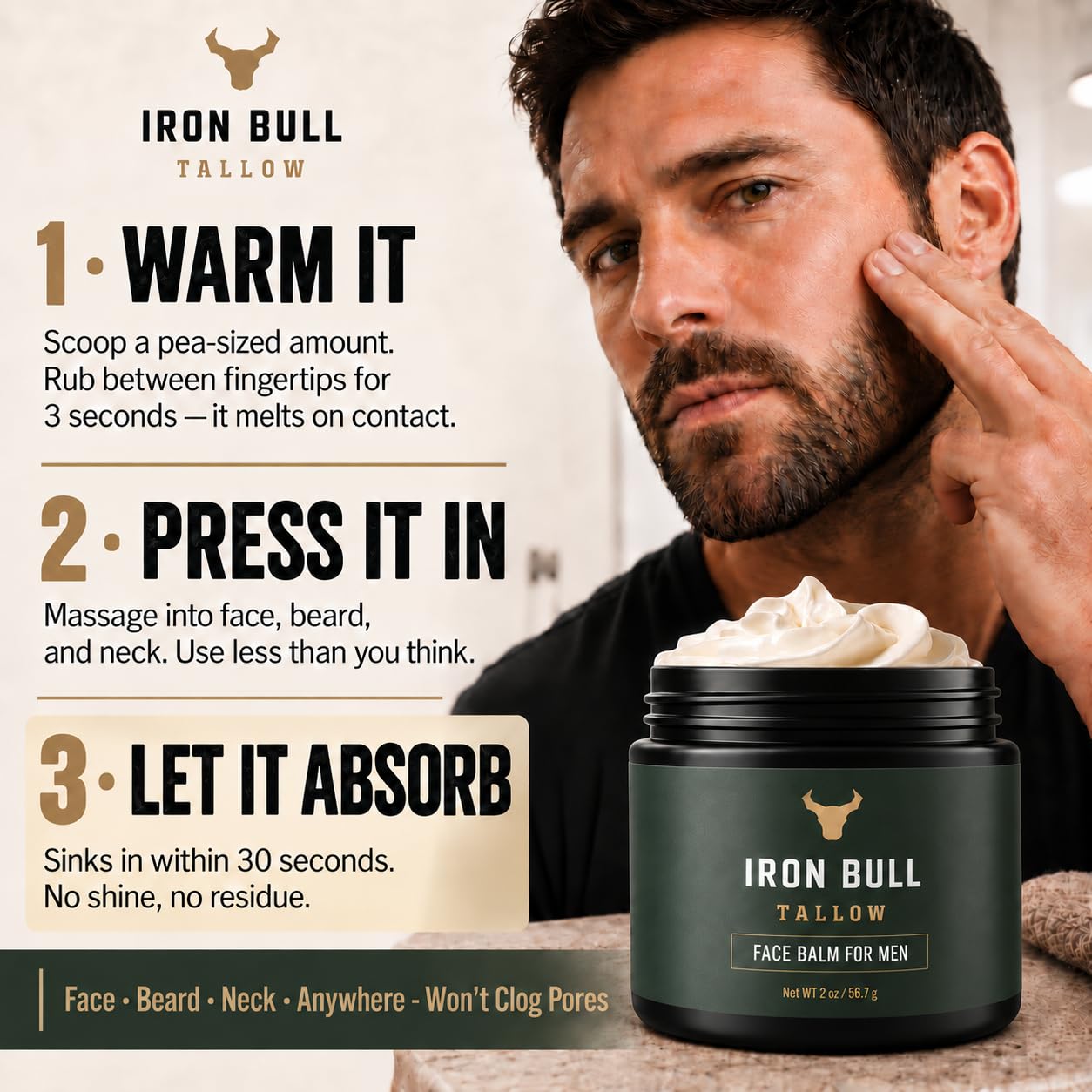 Iron Bull Beef Tallow Face Moisturizer for Men with Hyaluronic Acid, Jojoba Oil, 2 oz