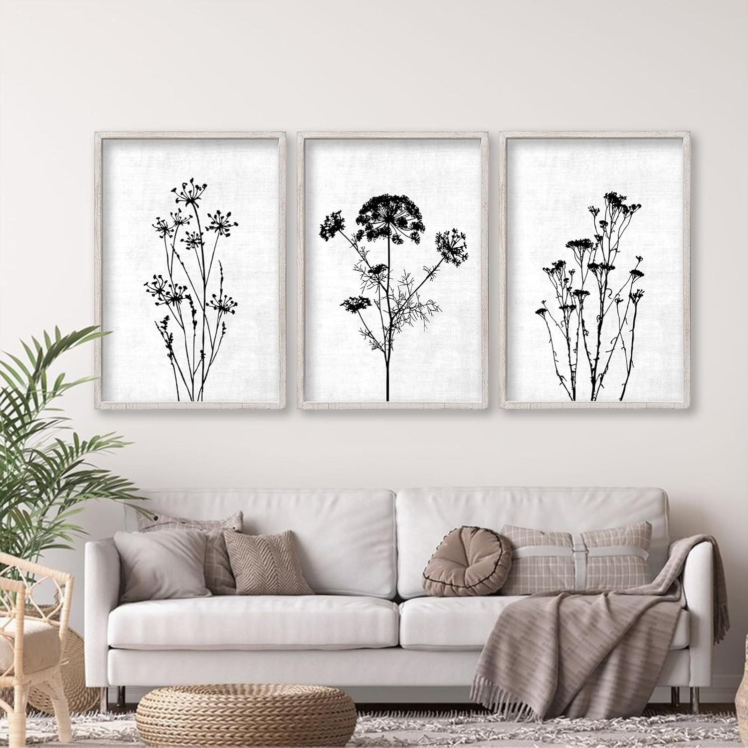 Flower Plant Wall Art Decor 24"x16" Set of 3 Black And White Botanical Painting Wood Framed For Minimalist Bedroom Office Rustic Living Room Abstract Wildflower Sign Hanging (White) 16"X24" White