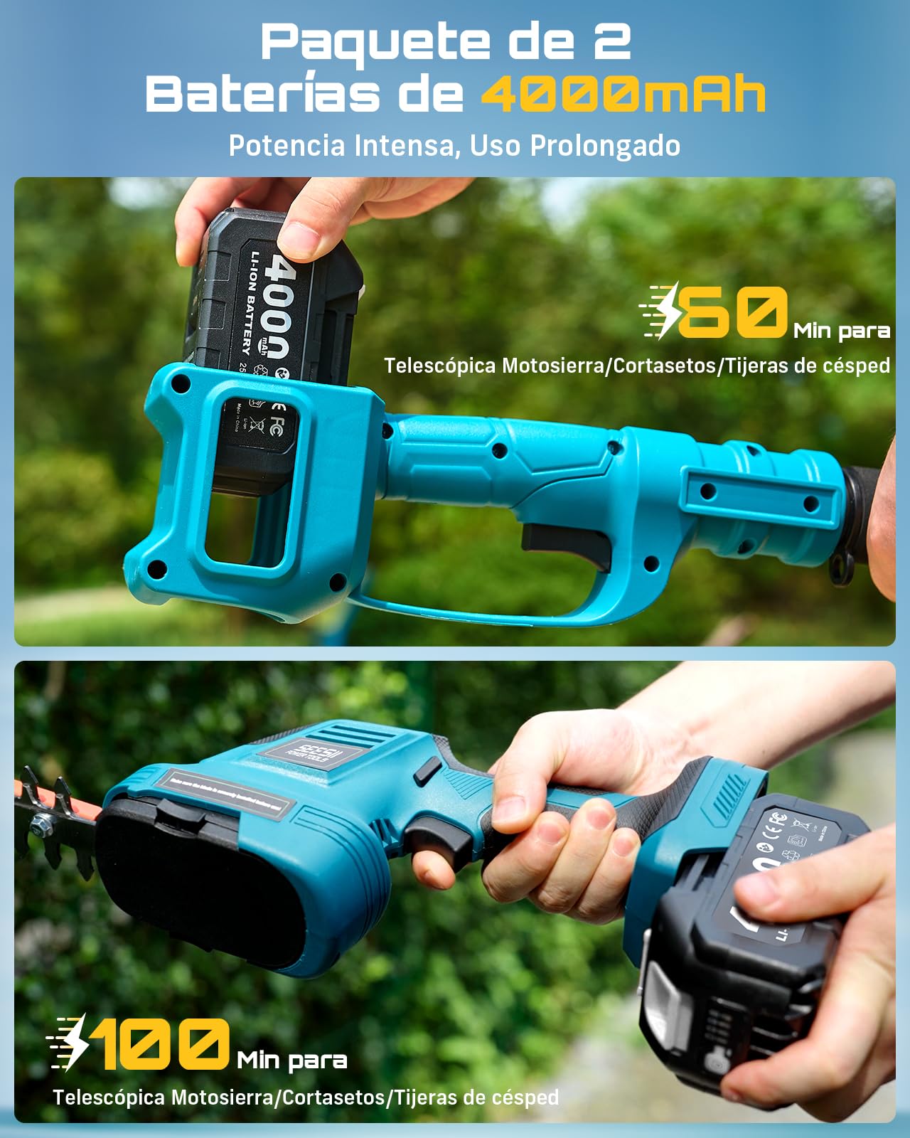 SEESII 6-en-1 Mini Motosierra y Cortasetos a Batería, con 2 * 4000mAh Baterías, Motosierra Electrica con Pértiga Telescópica, Alcance Máximo de hasta 4,57 m, con 30 ml Tanque de Aceite