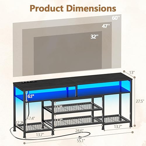 Miniatura 3 de Furologee Soporte de TV con tomas de corriente y luces LED, centro de entretenimiento de 55 pulgadas para televisores de 55 y 60 pulgadas, mesa