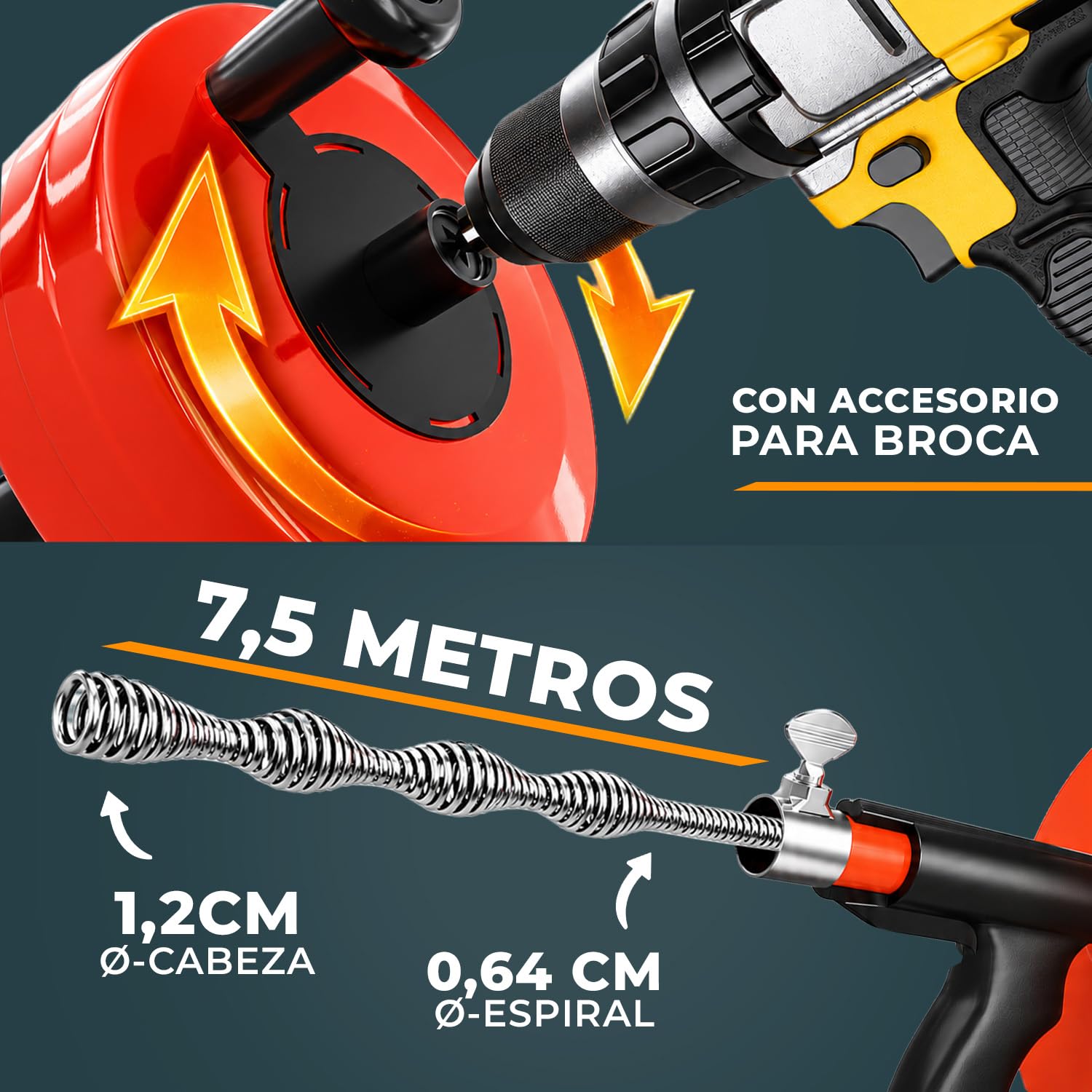 Meisterfaktur Espiral de limpieza de tuberías [7,5 metros] – con tambor de acero – Espiral de drenaje ideal para una limpieza de tuberías respetuosa con el medio ambiente