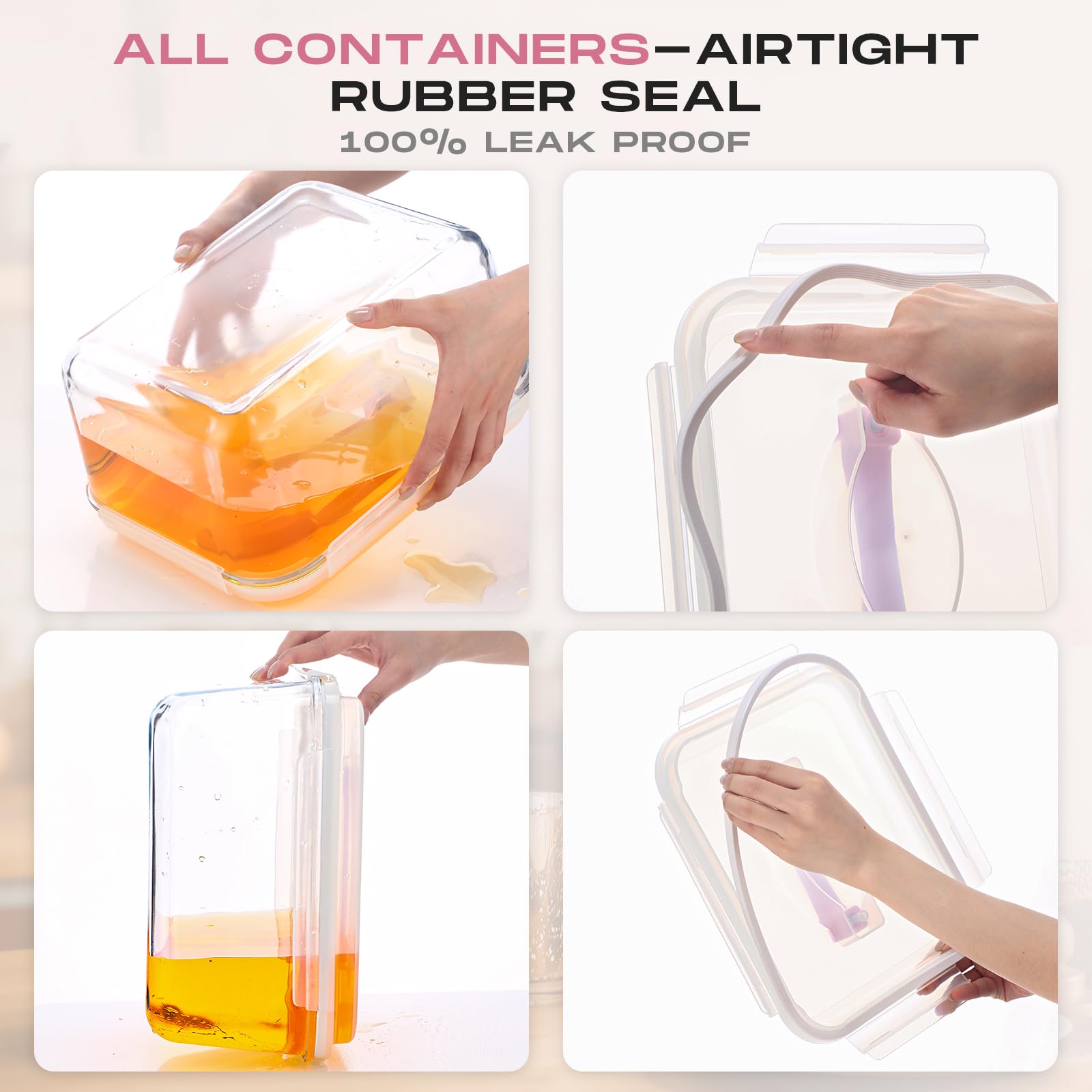 Blushtier 2 recipientes grandes de vidrio para almacenamiento de alimentos con tapa de bloqueo hermético, ideal para almacenar alimentos, verduras, frutas, hornear, lasaña, pavo, transparente