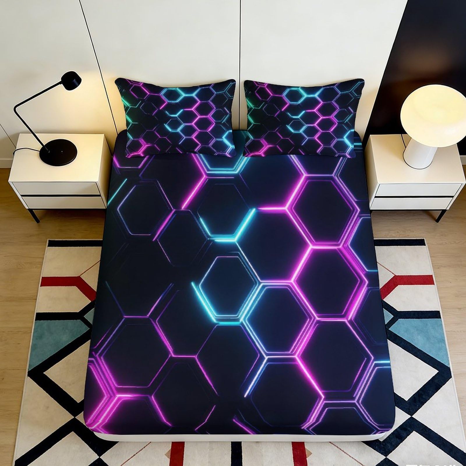 3D Printed Neon Hexagon Fitted Sheet Microfiber Soft Breathable Geometric Pattern Mattress Cover for Bedroom Dormitory Guest Room Protection Decor 200x200x25cm
