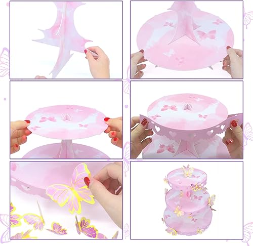 Miniatura 4 de Soporte de mariposa para cupcakes, suministros de fiesta de cumpleaños, soporte redondo de 3 niveles, soporte para cupcakes color rosa, mesa de