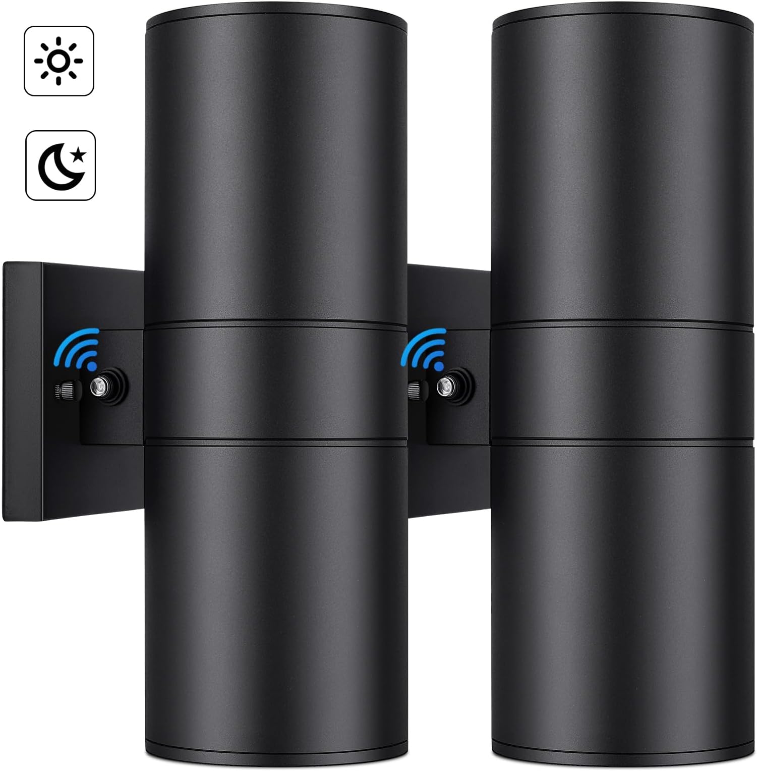 Modern Outdoor Wall Light with Dusk to Dawn Sensor, Exterior Light Fixture Wall Mount Waterproof Anti-Rust Cylinder, Up and Down 2 Lights Black Sconces for Porch Patio House Outside Entryway, 2-Pack