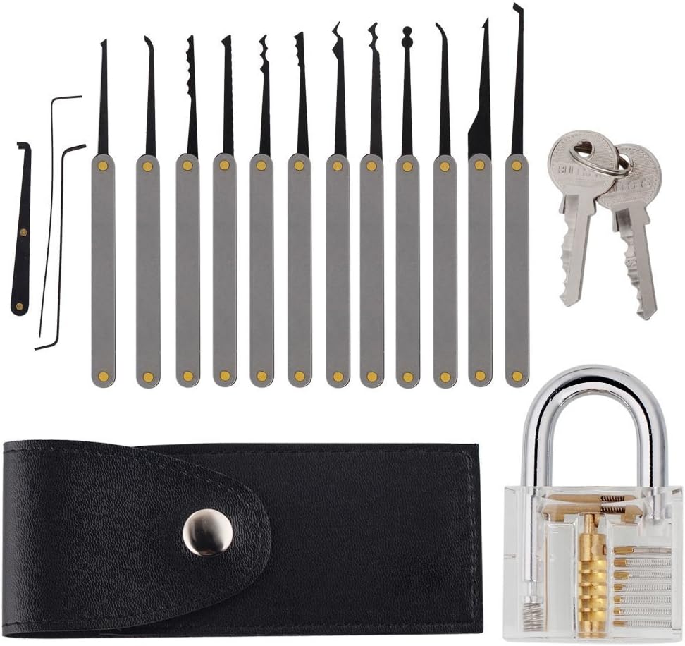 WASOON 15-Pieces Locksmith Practice Lock Pick Set Lock Picking Tools + Transparent Padlock for Locksmith Training Beginners Cutaway Lock Set with PDF Ebook Training Manual