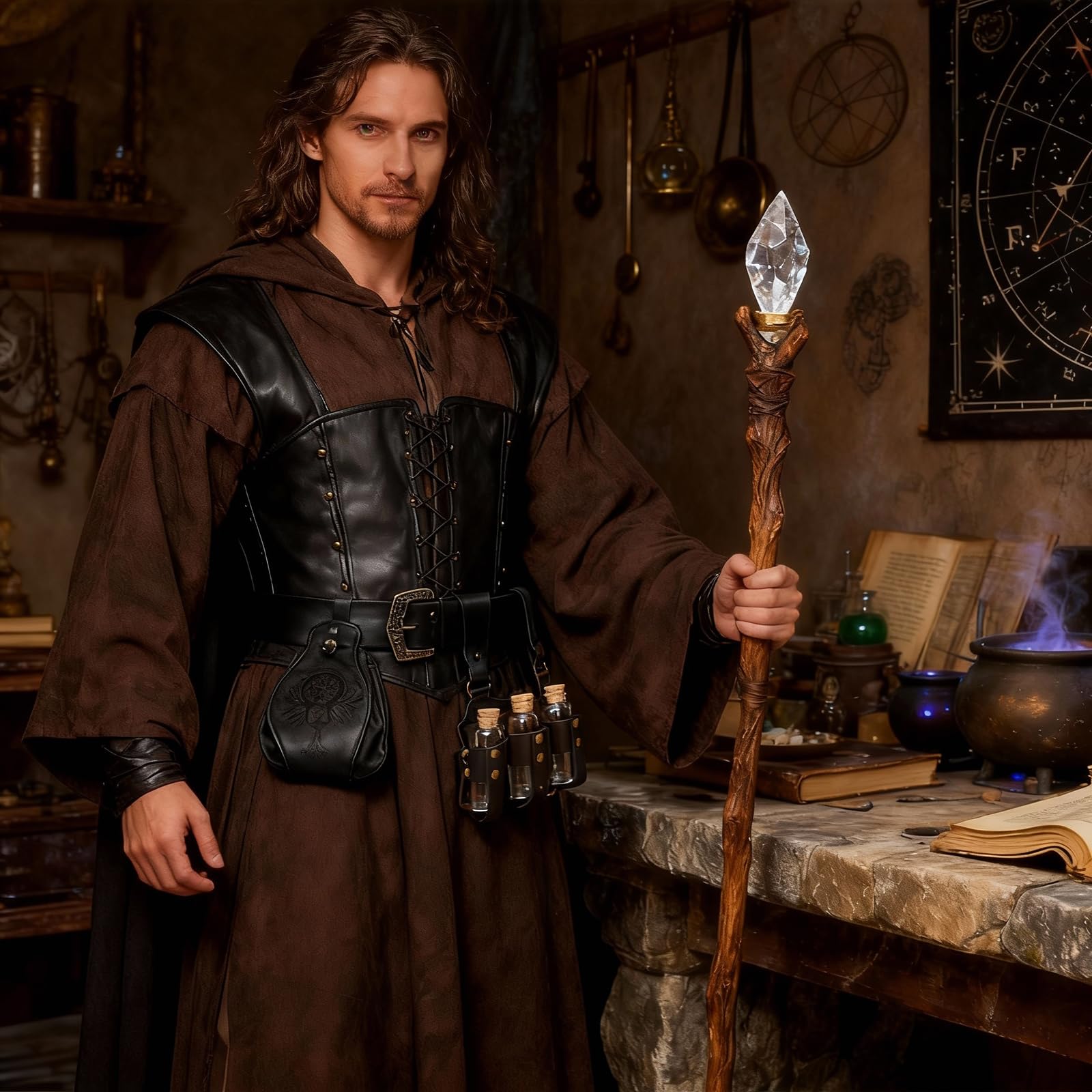 Juego de cinturón medieval con riñonera y varias botellas de poción, riñonera vikinga, piel sintética, diseño de magia, botella de poción mágica para cosplay, carnaval