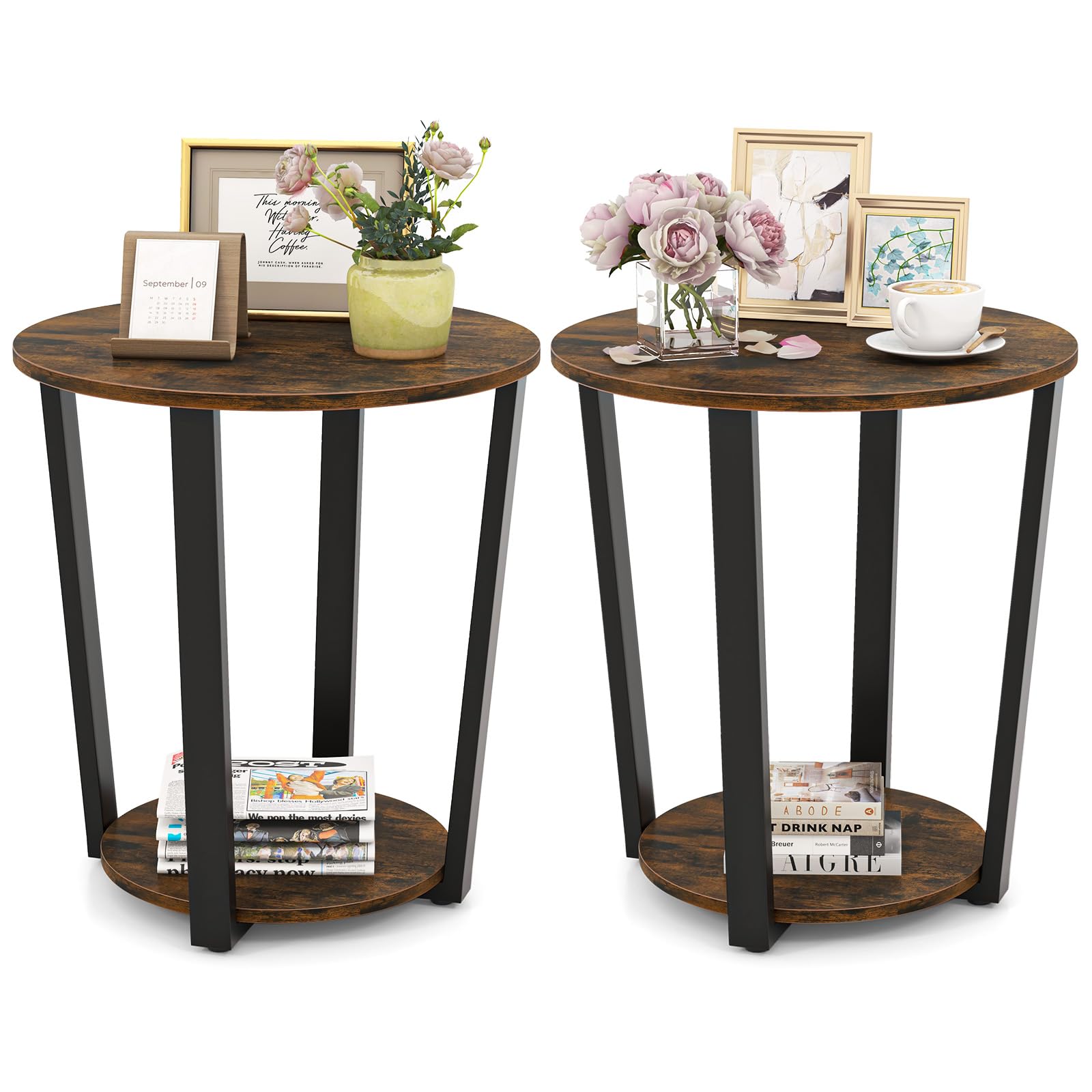 Giantex Round End Table Set of 2, 2-Tier Side Sofa Table with Open ...