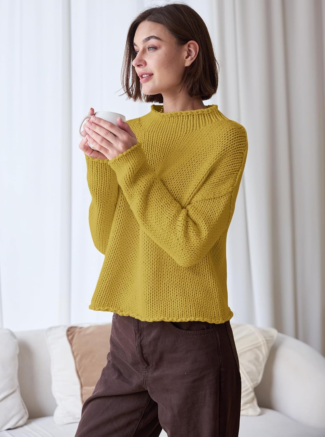 Panadila Womens Mock Neck Cropped Sweater Oversized Chunky Knit Pullover Sweaters Fall Long Sleeve Sweater Tops - Image 5