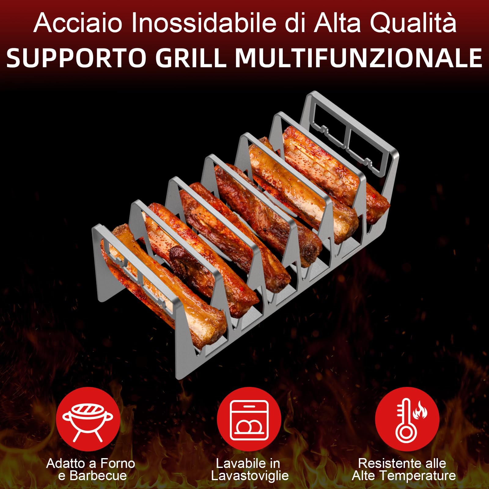 Spareribs, supporto per cosce di pollo, accessorio per barbecue in acciaio inox, facile da grigliare indirettamente, griglia multifunzione per uomini e anche un buon regalo (set da 2, argento