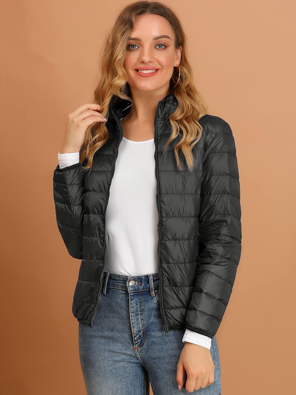 Allegra K Women's Puffer Coat Winter Long Sleeve Zip Up Hooded Lightweight Packable Down Jacket