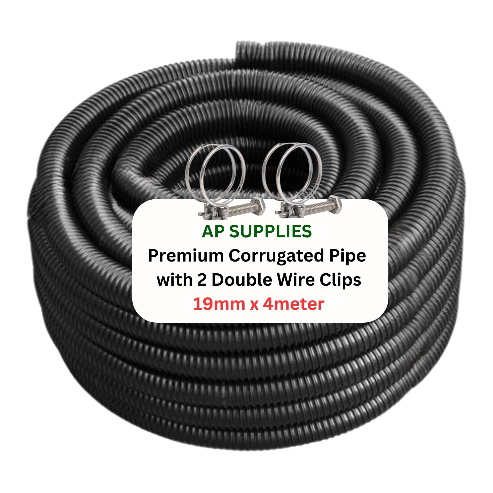 19mm x 4meter Flexible Pond Hose Corrugated Pipe with 2 Clips - Double-Wired Hose Clips for Pond Pumps, Filters, Drainage – Corrugated Water Butt Connector Pipe - Black