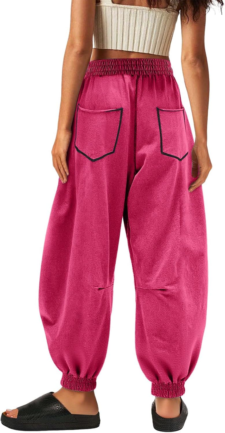 Barrel Sweatpants for Women High Waisted Wide Leg Lounge Pants | Drawstring Waist Contrast Patchwork Baggy Pants, Elastic Rib Cuff Trendy Y2k Hip-hop Boyfirend Sweetwear with Pockets